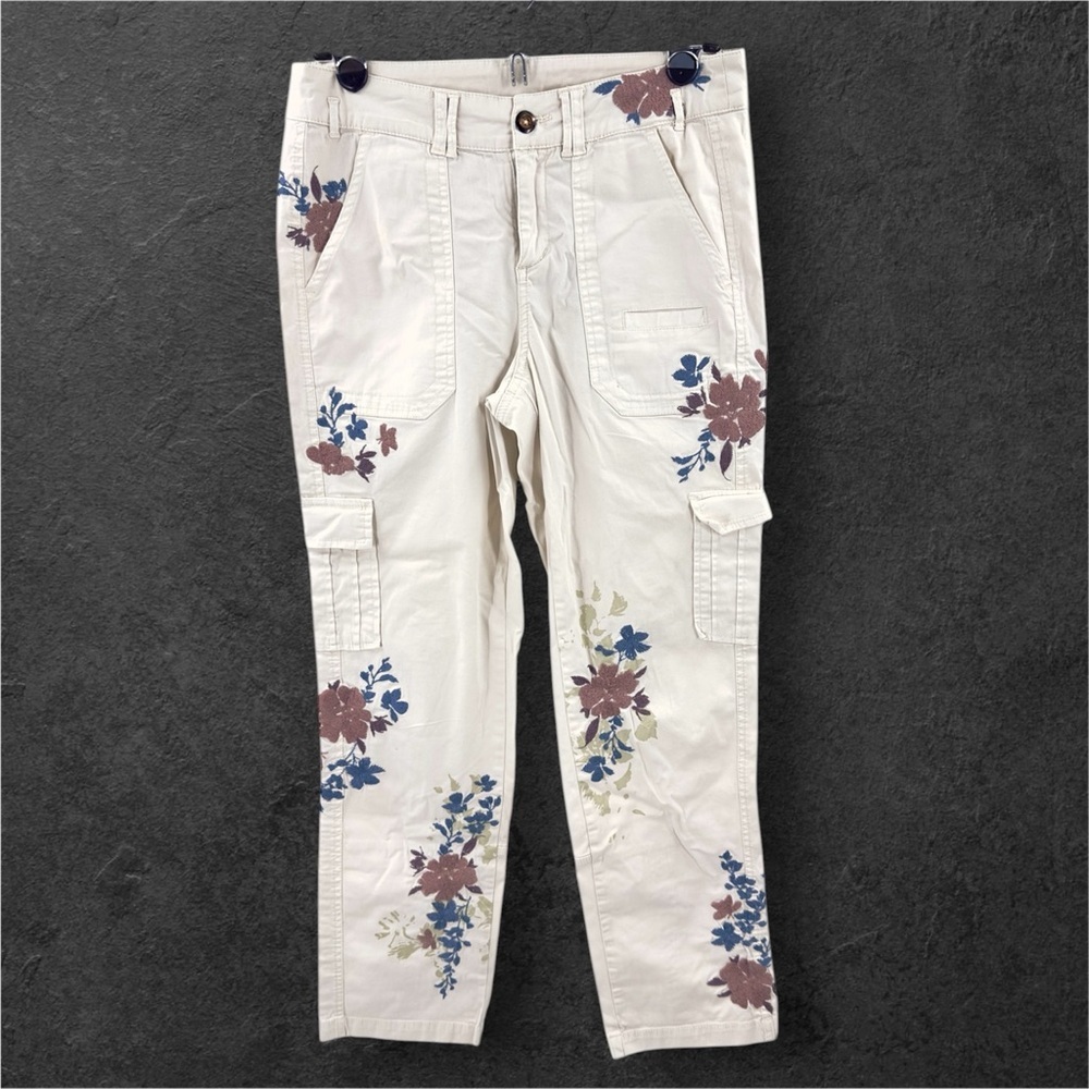 Sundance Floral Embroidered Cargo Pants Womens 4 Boho Utility Casual Stretch - Picture 2 of 11